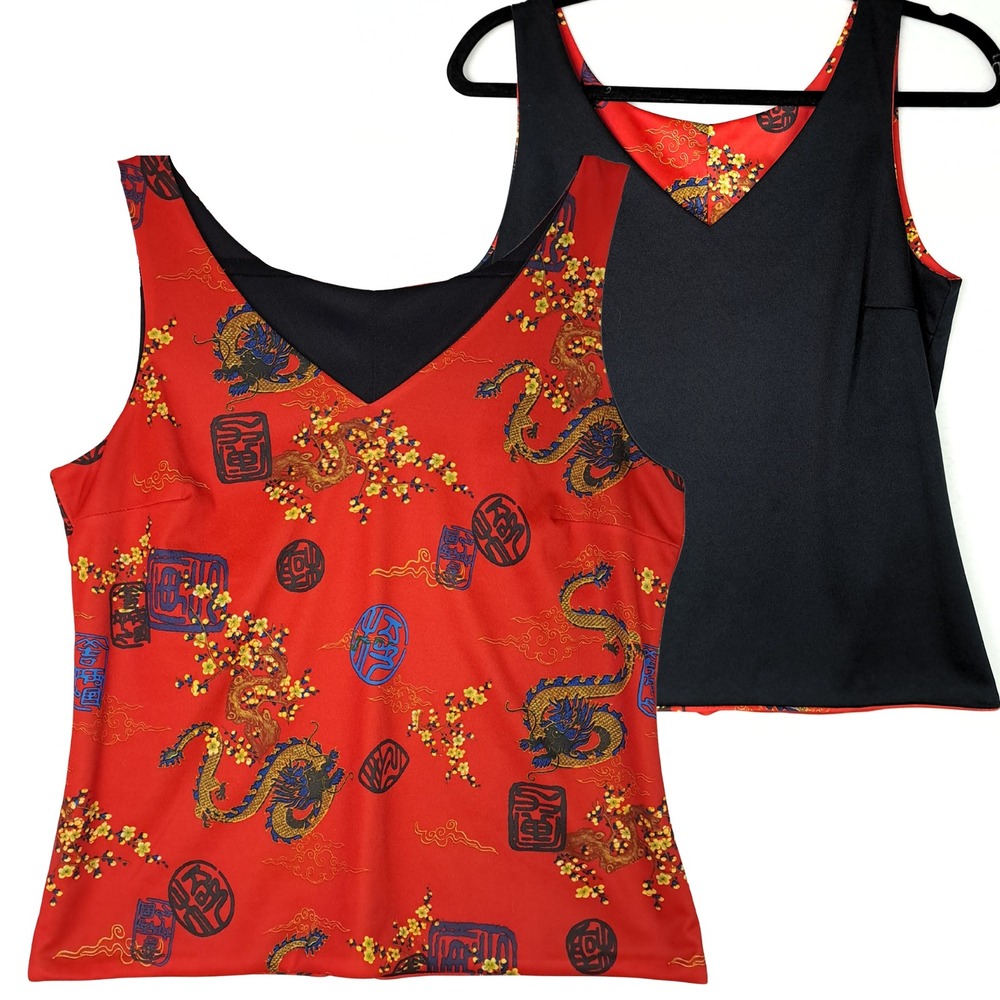 Unbranded Reversible Tank Top Womens Red Black Dragon Print Asian Aesthetic Y2K